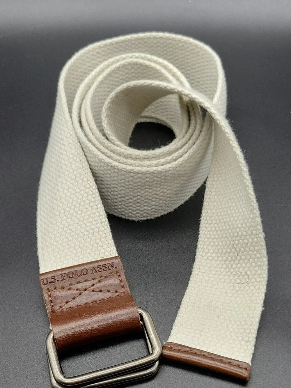 U.S. Polo Assn. Men's White/Brown Webbed Belt Adjustable Logo Metal Buckle 36